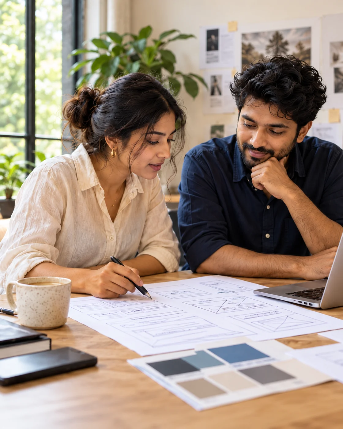 Illustrative scene of two designers discussing website sketches in a sunlit studio